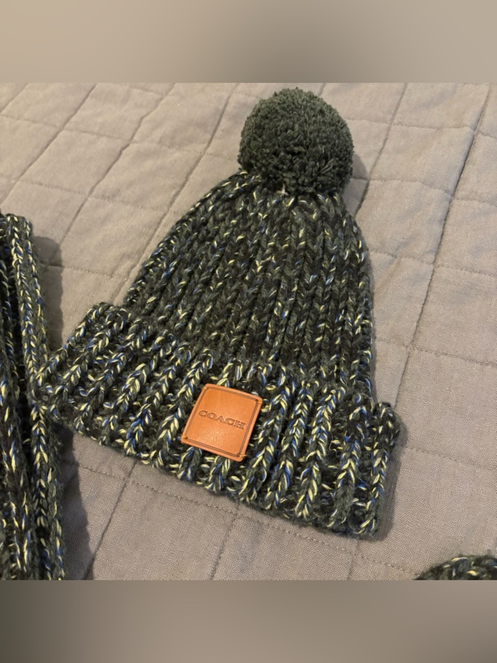 COACH Olive Green Knit Pom Beanie, Scarf & Mittens Trio - Picture 5 of 5